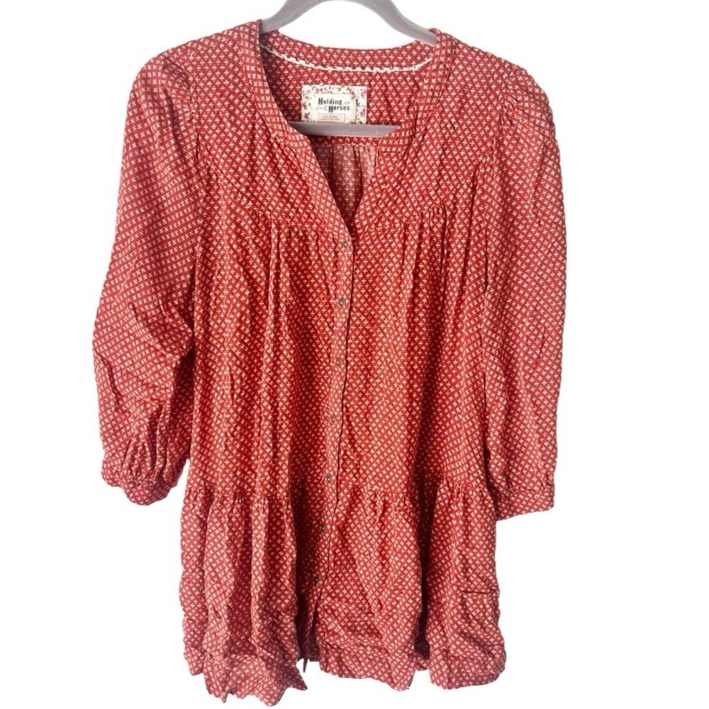Anthropologie Top Women's Small Holding Horses Orange Printed Geometric Bohemian
